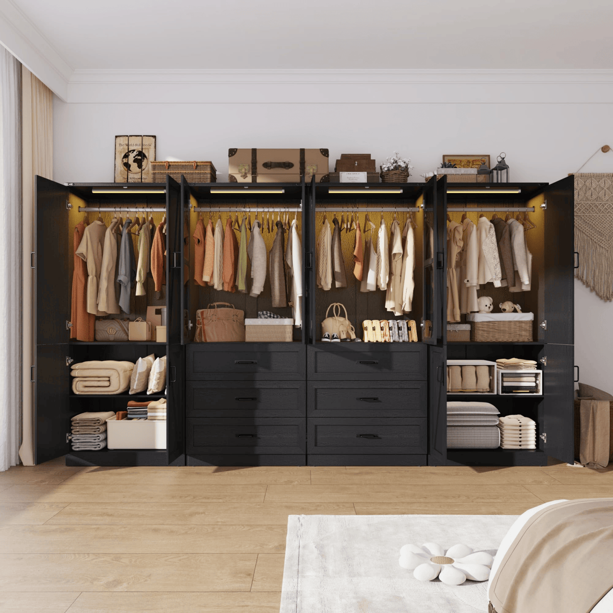 8 Doors Armoire Wardrobe Closet Freestanding with Sliding Door & Lights | Brown | Chartustriable
