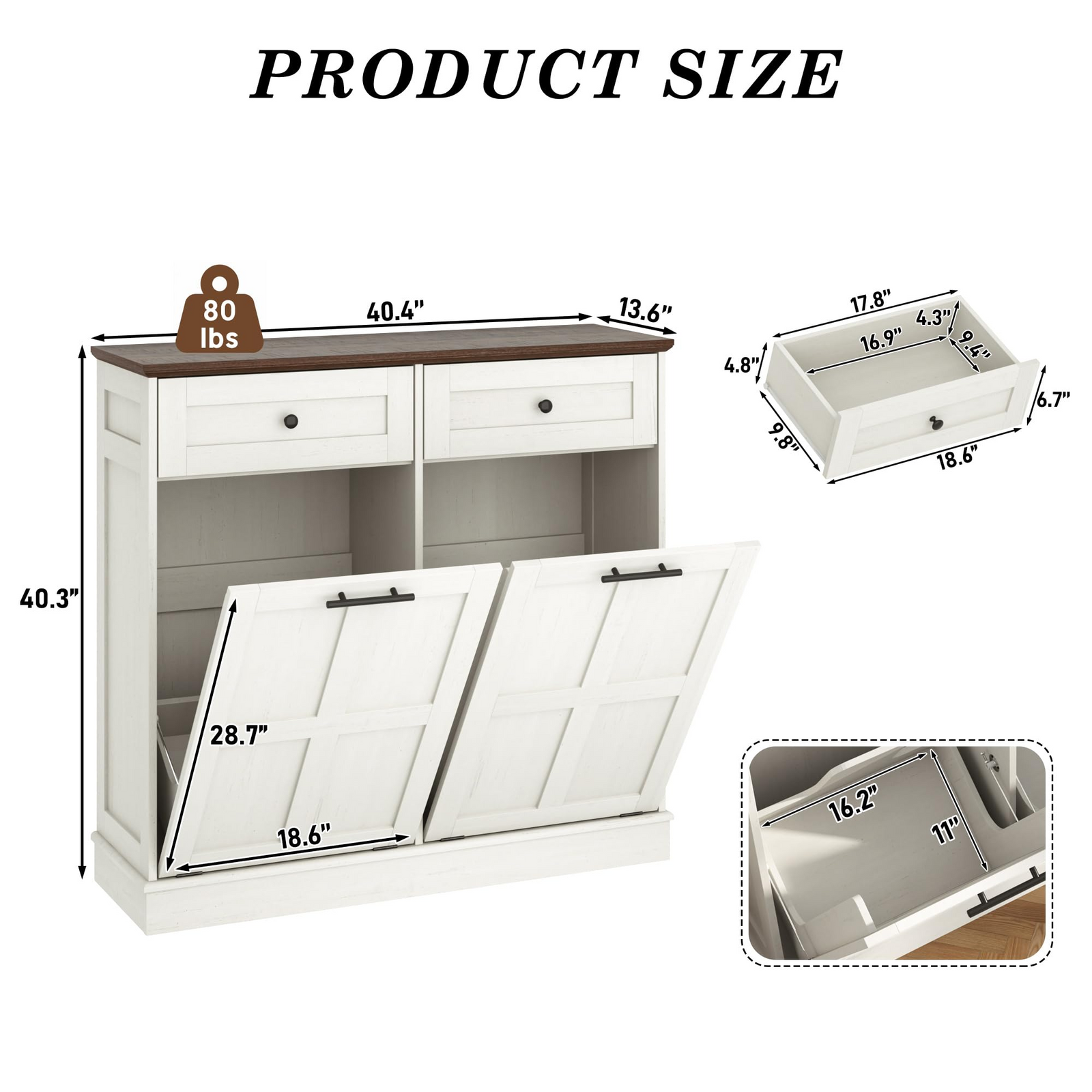 size-White storage cabinet with dimensions and weight label on a white background