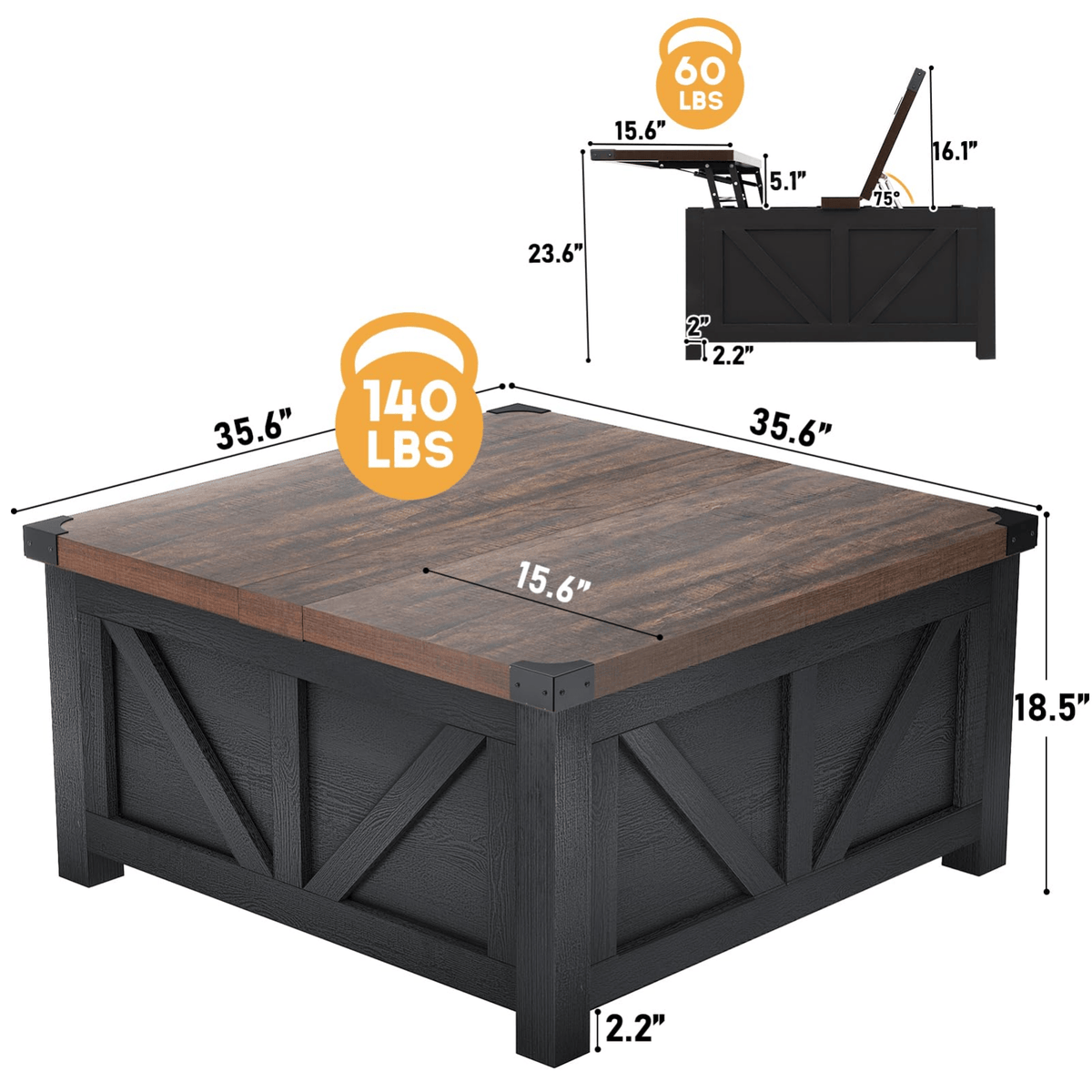 36"/40" Lift Top Coffee Table Wood with Charging Station