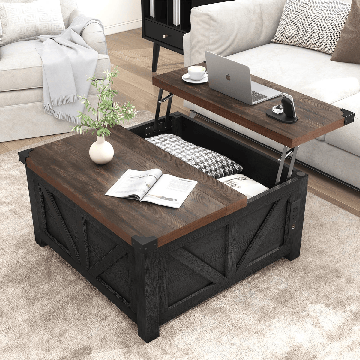 36"/40" Lift Top Coffee Table Wood with Charging Station