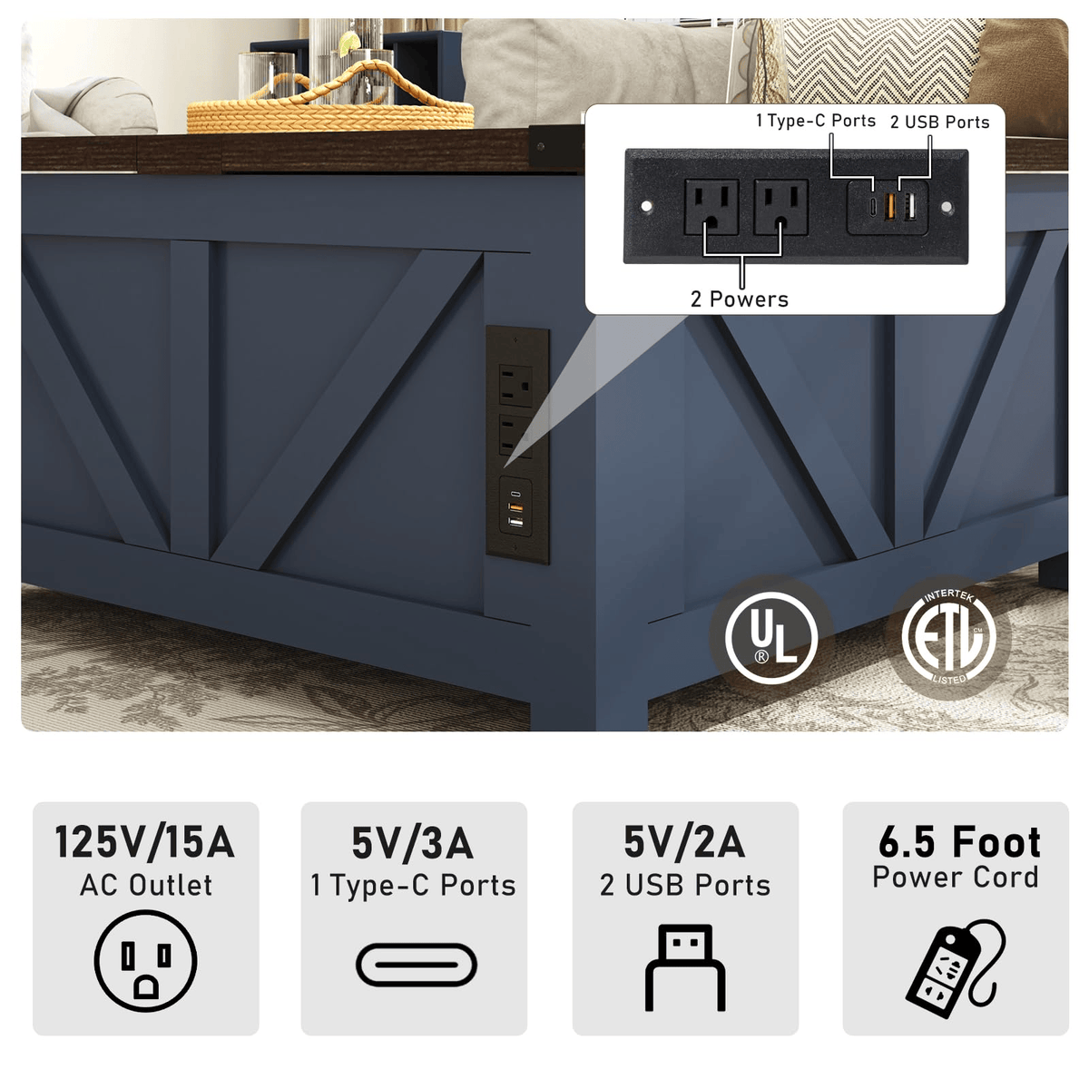 36"/40" Lift Top Coffee Table Wood with Charging Station