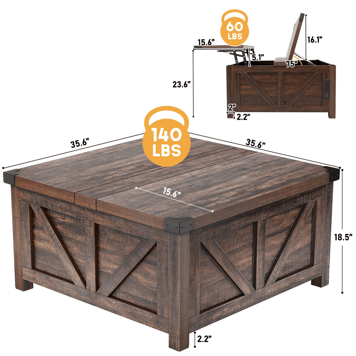 36"/40" Lift Top Coffee Table Wood with Charging Station
