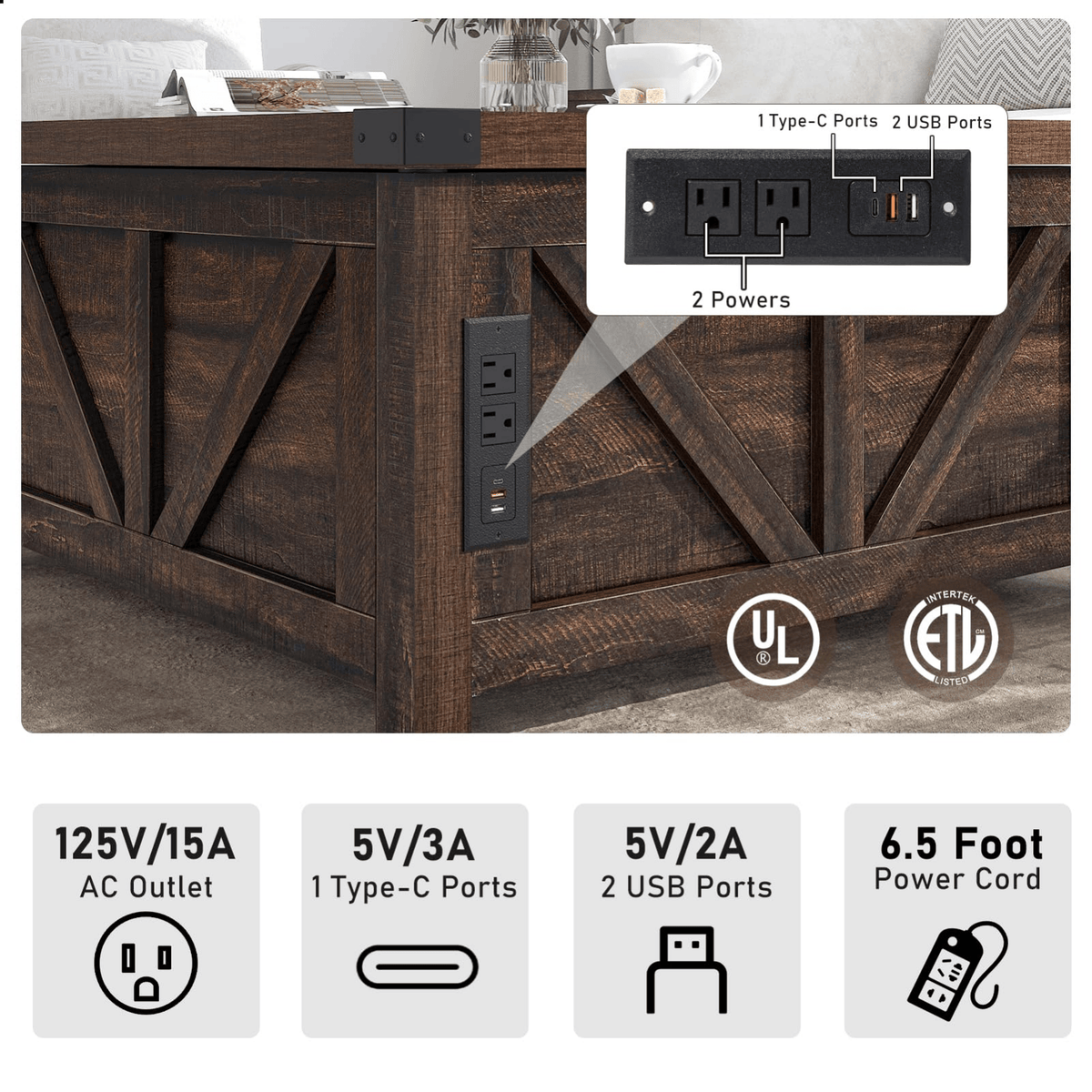 36"/40" Lift Top Coffee Table Wood with Charging Station