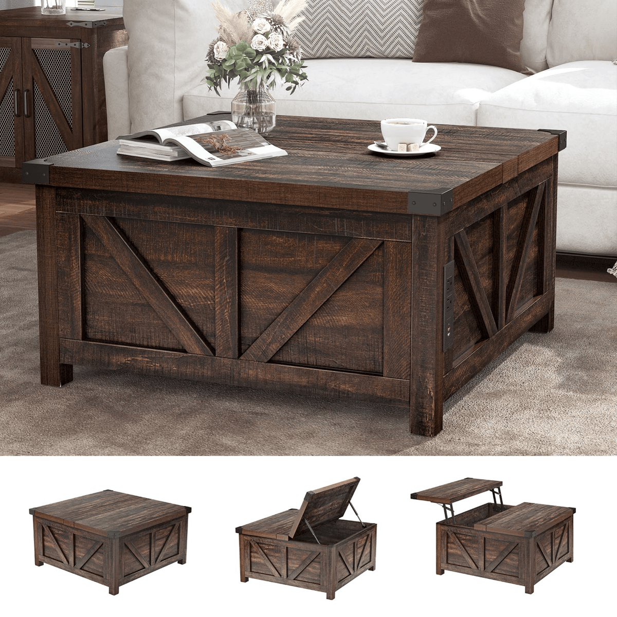 36"/40" Lift Top Coffee Table Wood with Charging Station