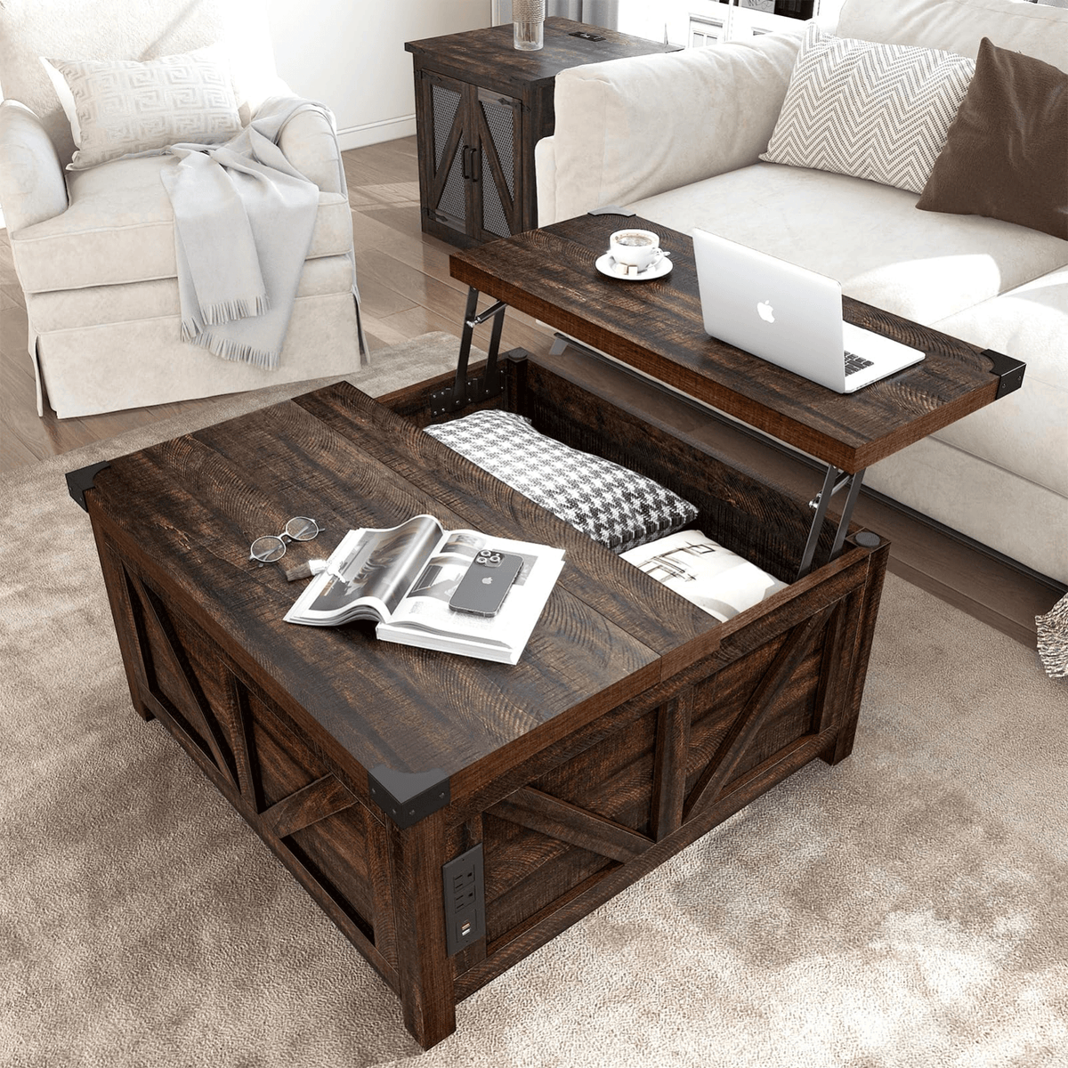 36"/40" Lift Top Coffee Table Wood with Charging Station