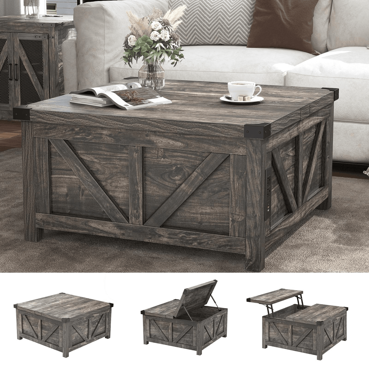 36"/40" Lift Top Coffee Table Wood with Charging Station
