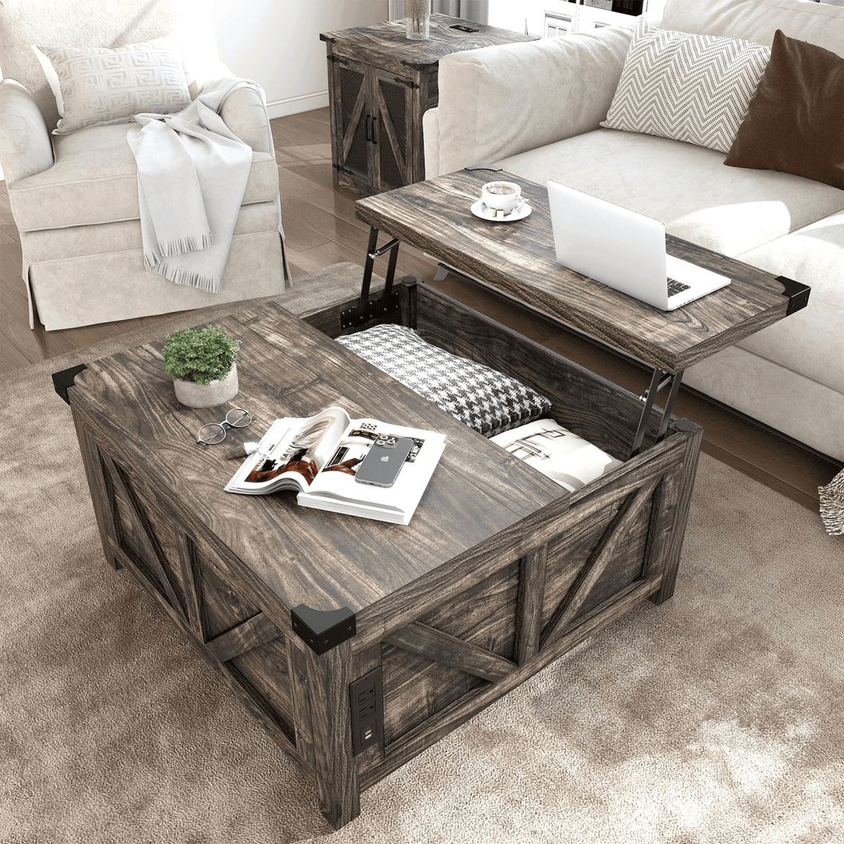 36"/40" Lift Top Coffee Table Wood with Charging Station