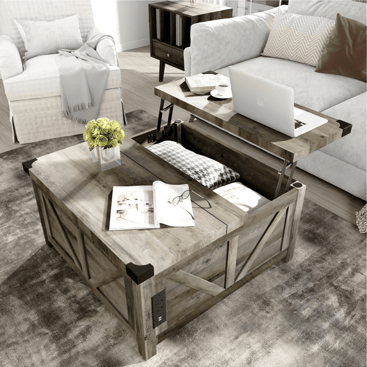 36"/40" Lift Top Coffee Table Wood with Charging Station