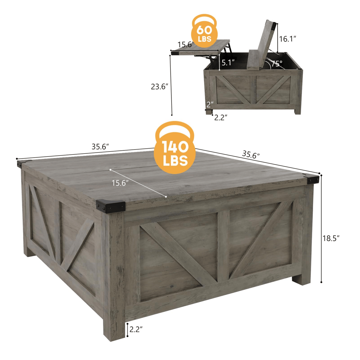 36"/40" Lift Top Coffee Table Wood with Charging Station