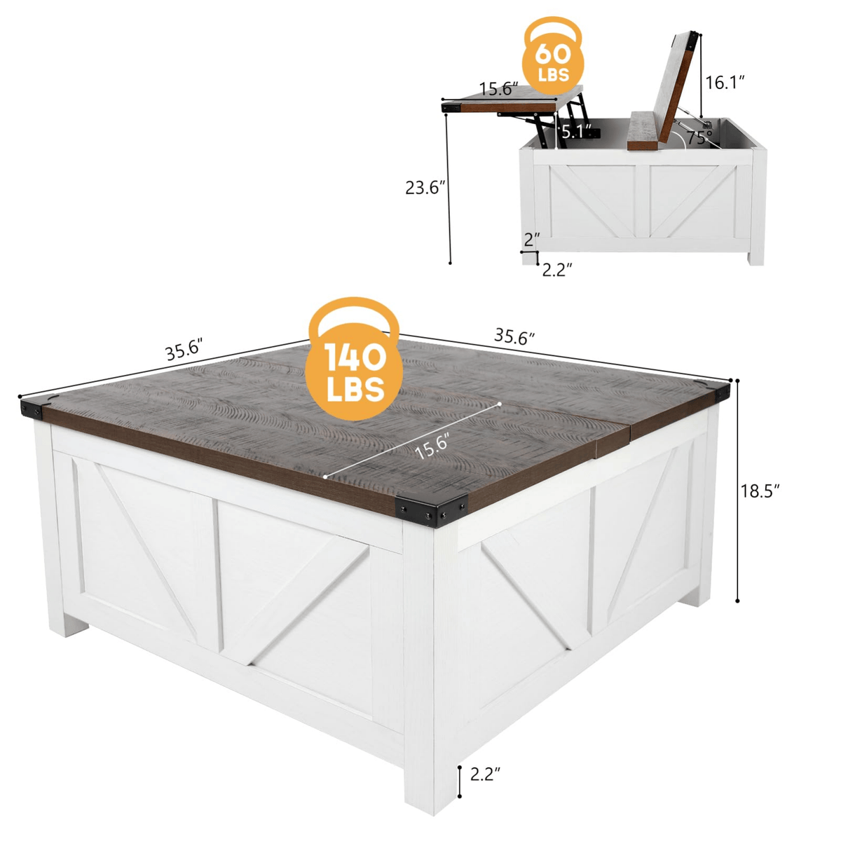36"/40" Lift Top Coffee Table Wood with Charging Station