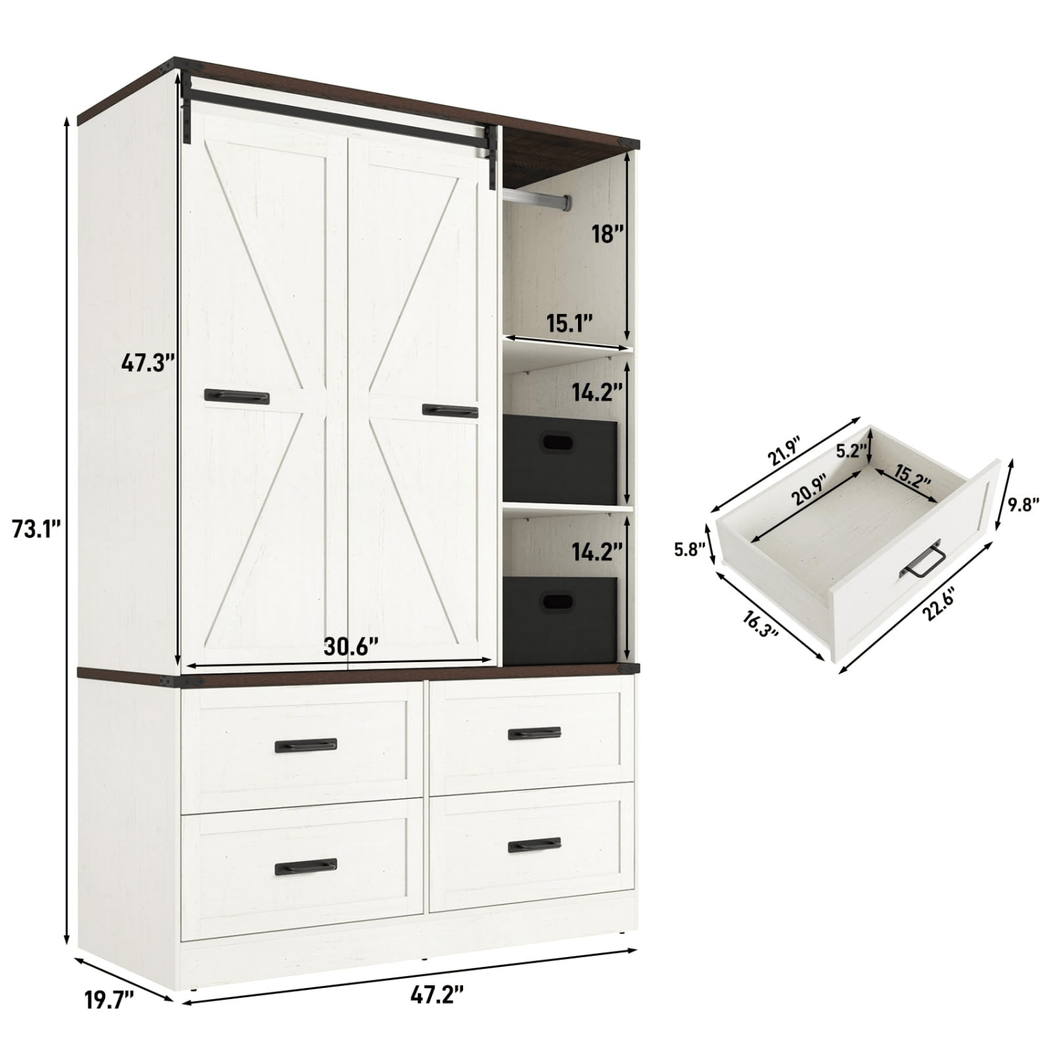 size-White storage cabinet with multiple compartments and dimensions displayed
