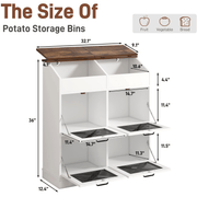 size-White potato storage bin with dimensions labeled, featuring a wooden top.