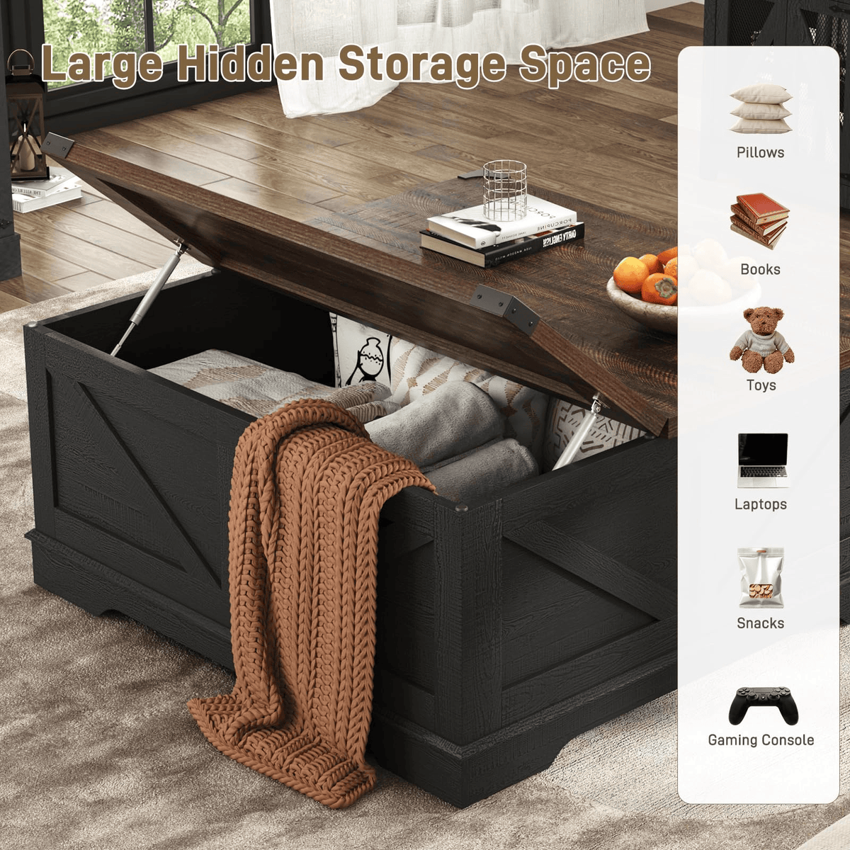 36"/40" Lift Top Coffee Table Wood with Charging Station