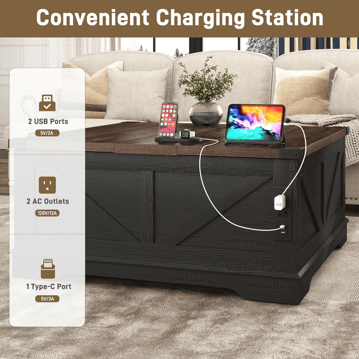 36"/40" Lift Top Coffee Table Wood with Charging Station