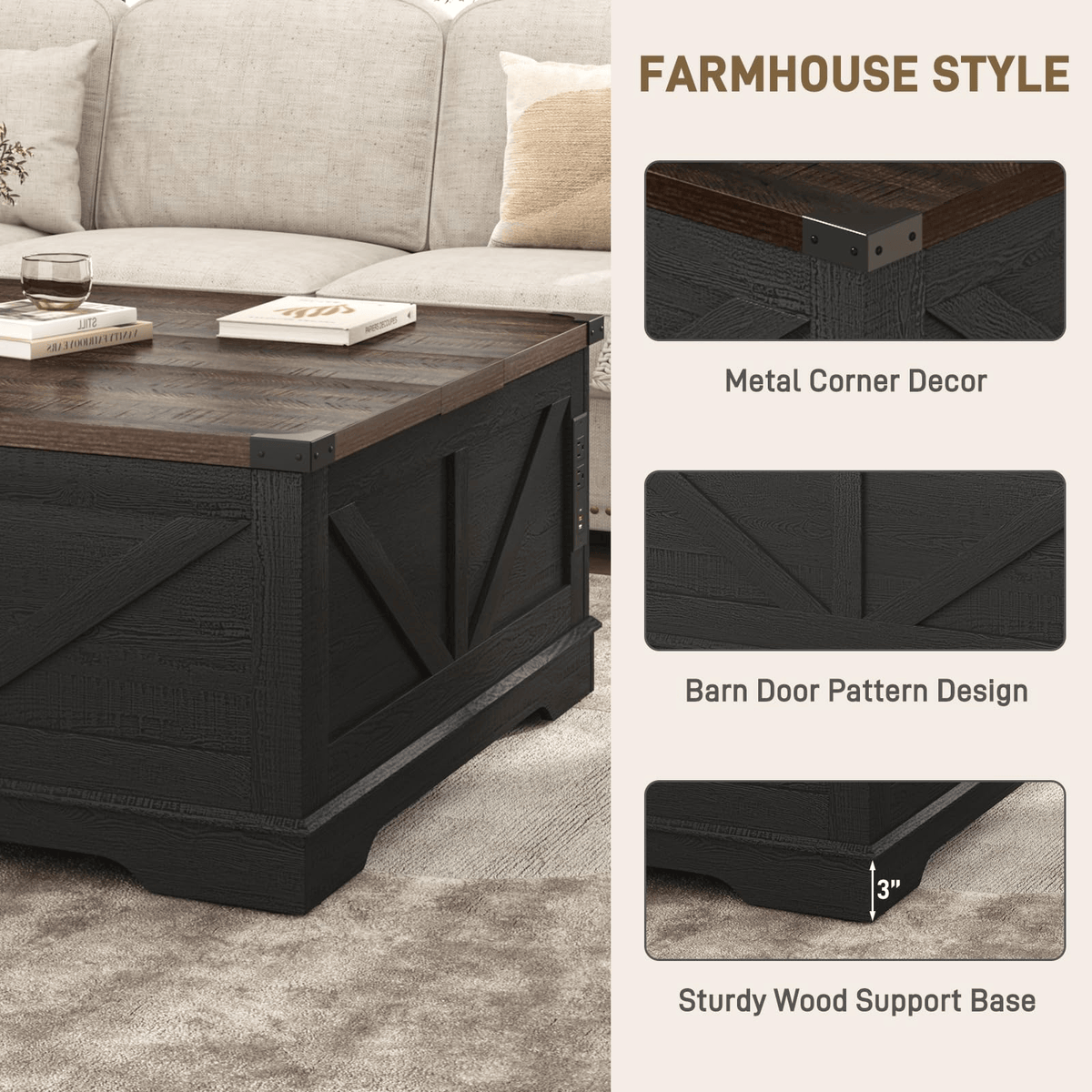 36"/40" Lift Top Coffee Table Wood with Charging Station