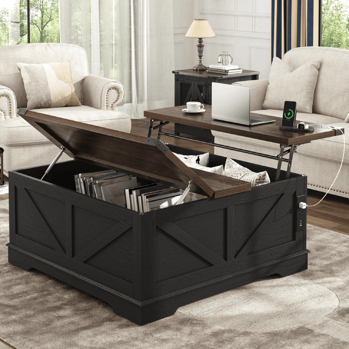 36"/40" Lift Top Coffee Table Wood with Charging Station