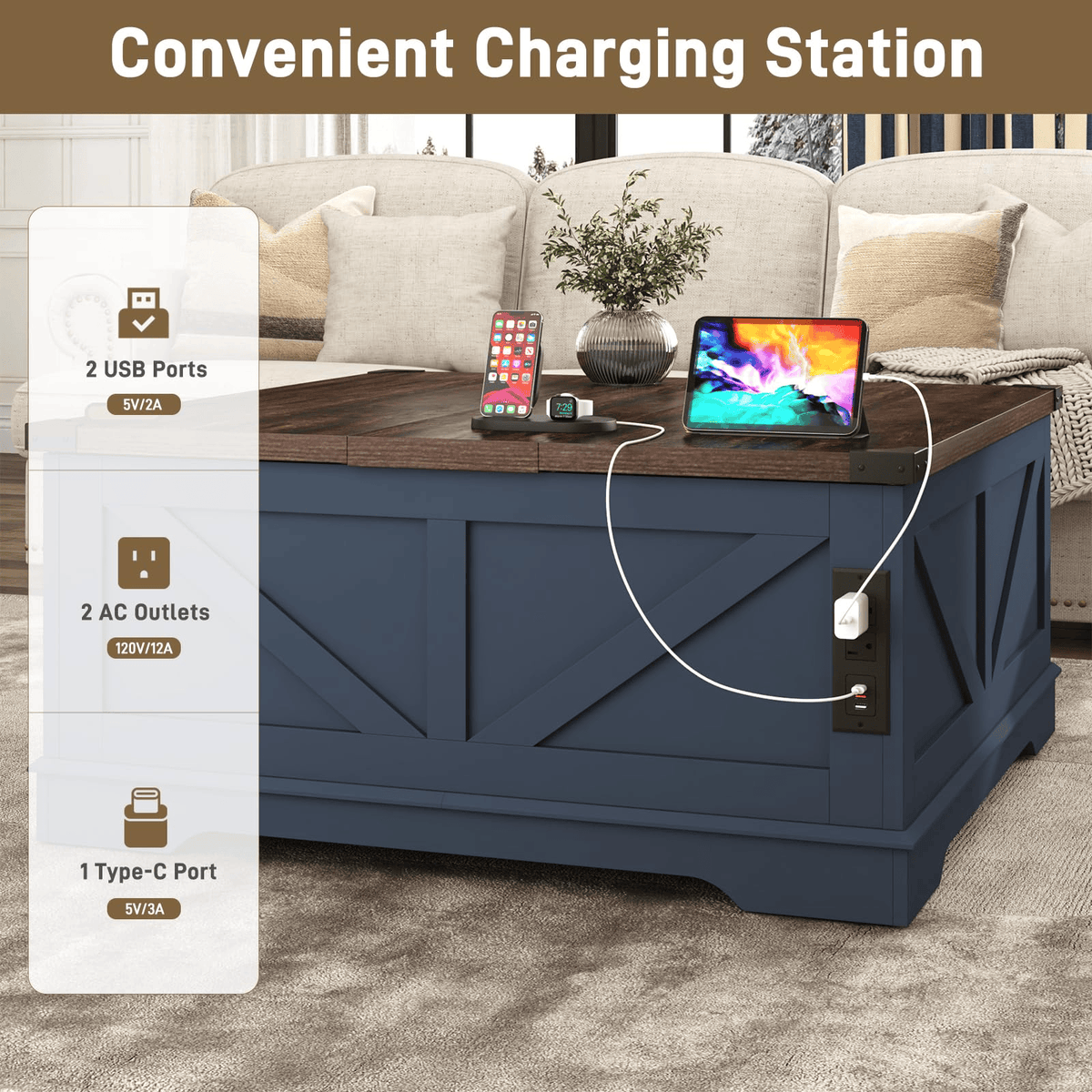 36"/40" Lift Top Coffee Table Wood with Charging Station
