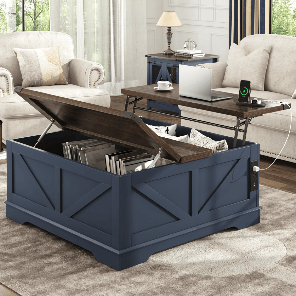 36"/40" Lift Top Coffee Table Wood with Charging Station