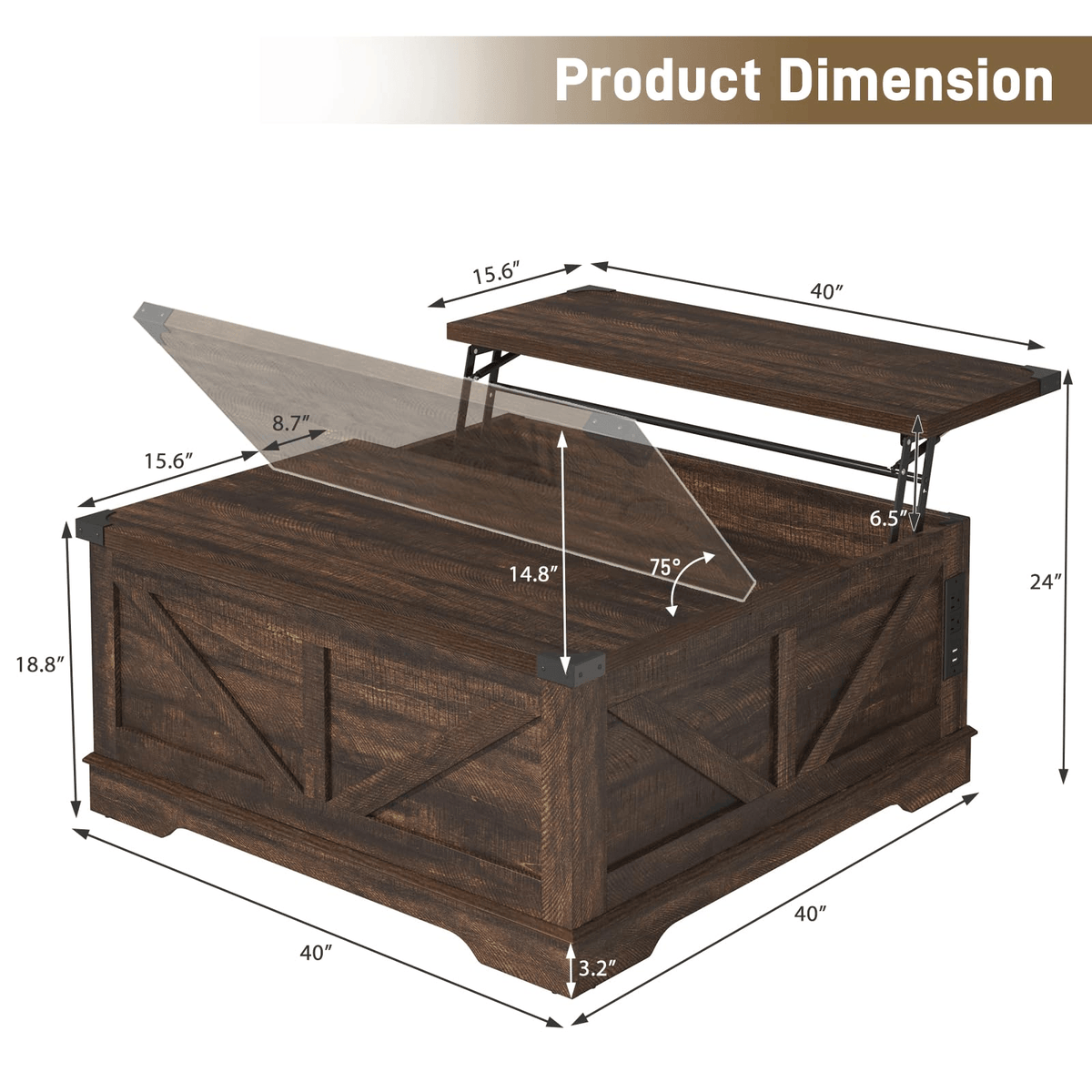 36"/40" Lift Top Coffee Table Wood with Charging Station