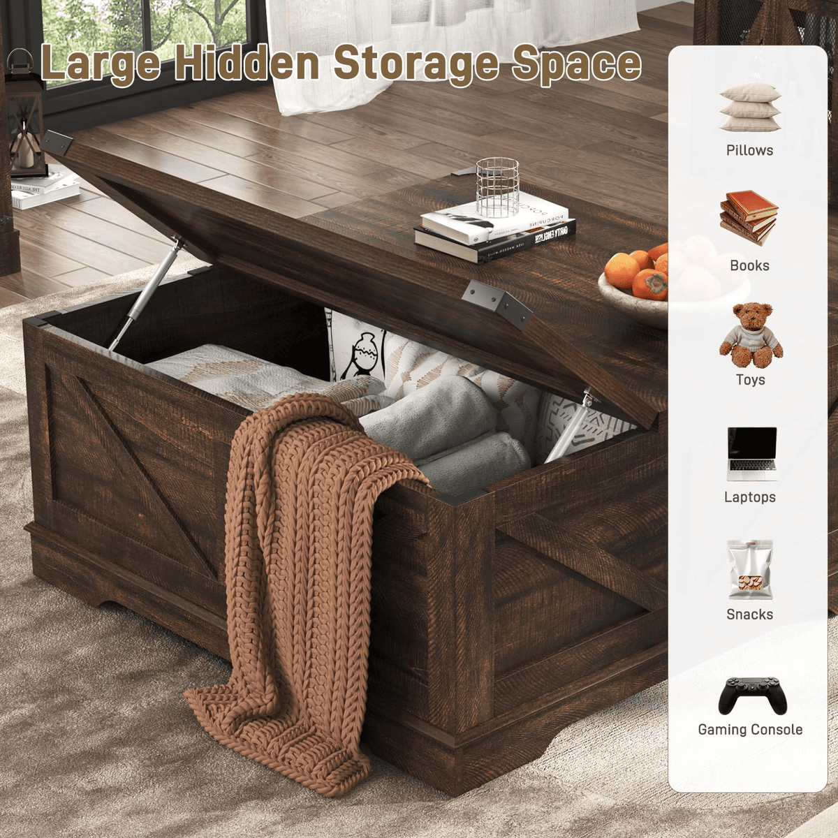 36"/40" Lift Top Coffee Table Wood with Charging Station