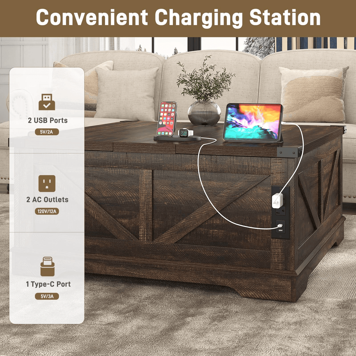 36"/40" Lift Top Coffee Table Wood with Charging Station