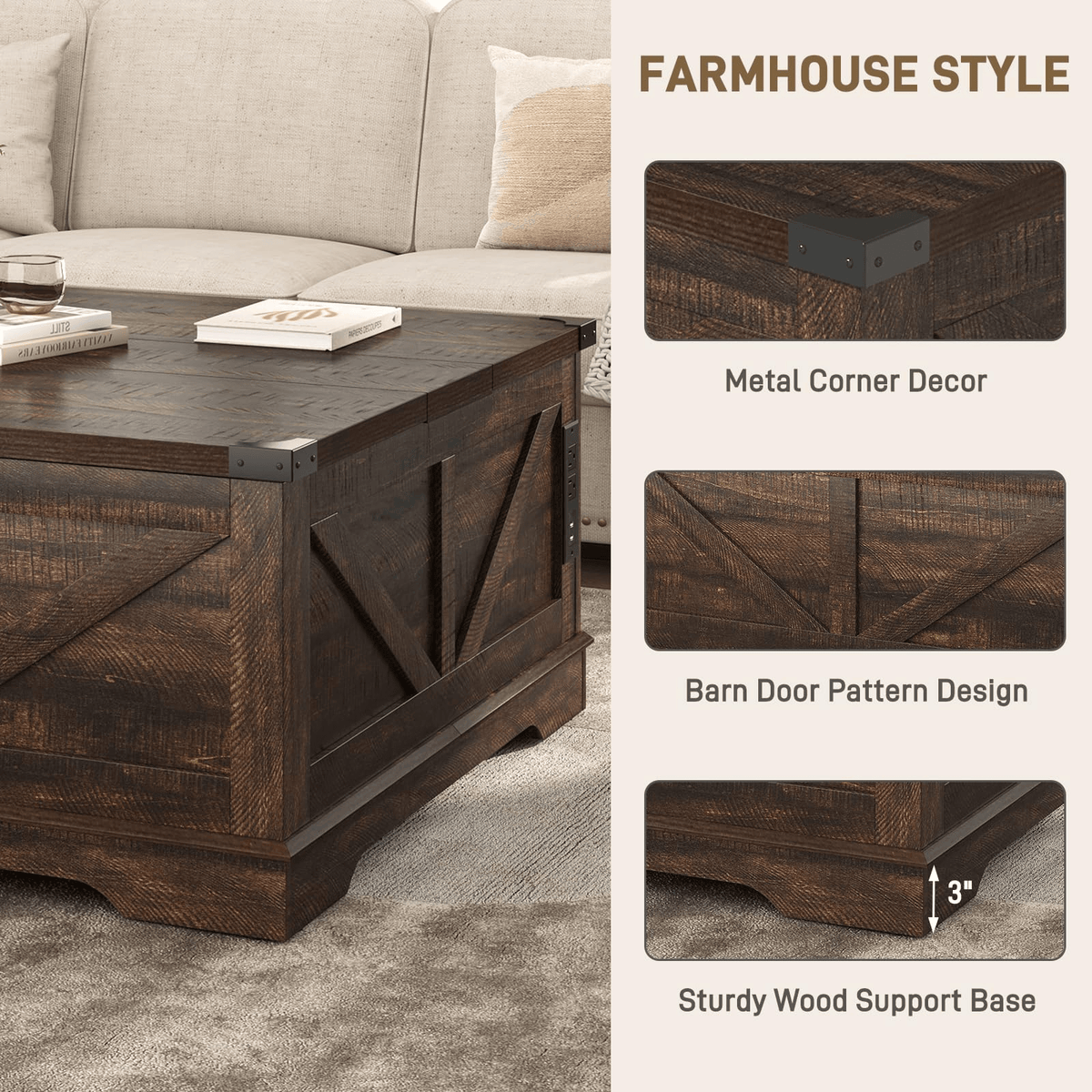 36"/40" Lift Top Coffee Table Wood with Charging Station
