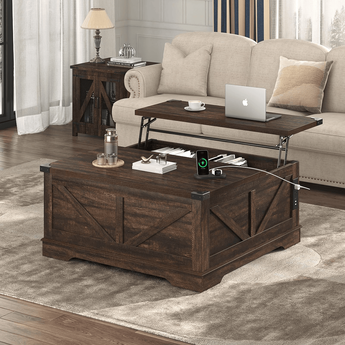 36"/40" Lift Top Coffee Table Wood with Charging Station