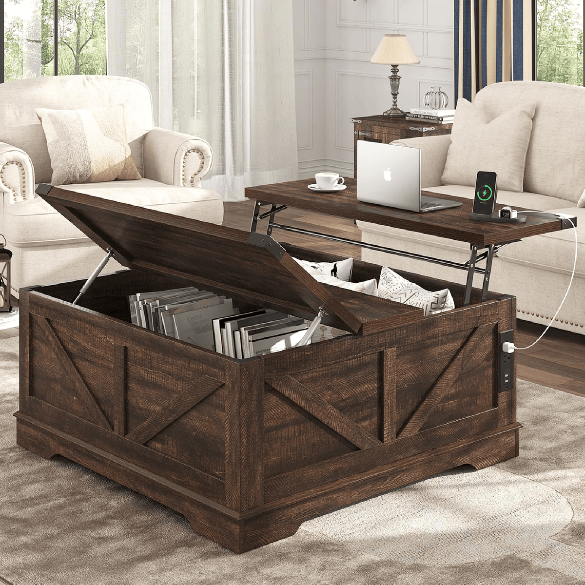 36"/40" Lift Top Coffee Table Wood with Charging Station