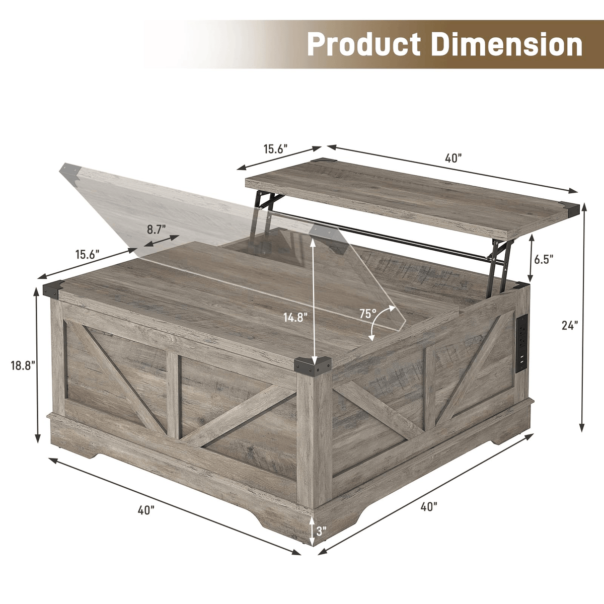 36"/40" Lift Top Coffee Table Wood with Charging Station