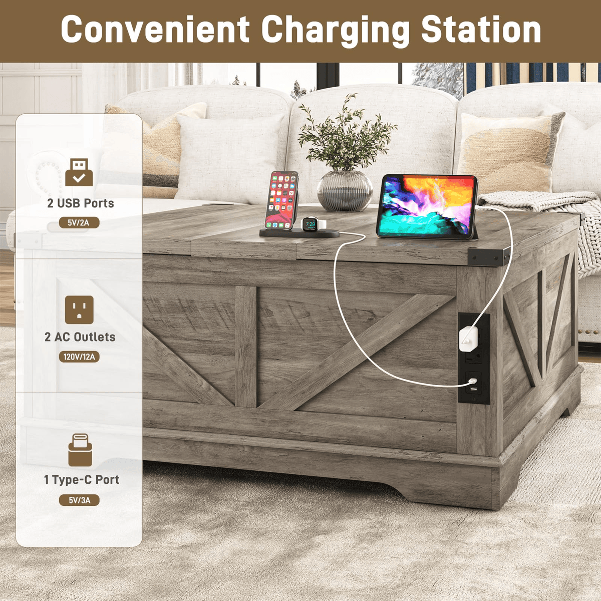 36"/40" Lift Top Coffee Table Wood with Charging Station