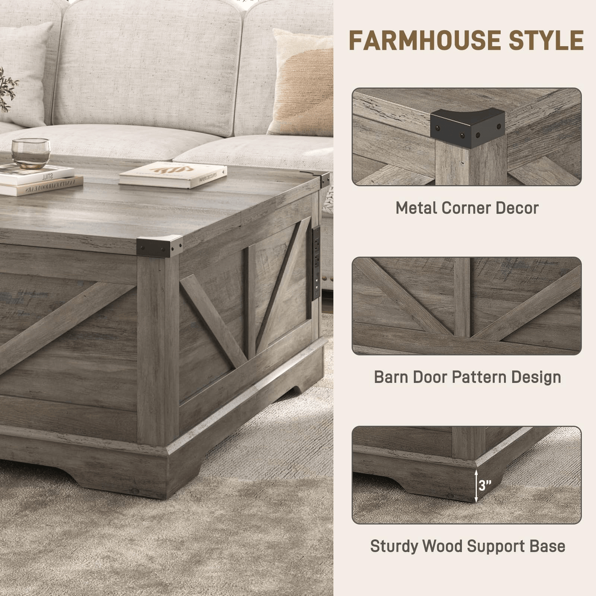 36"/40" Lift Top Coffee Table Wood with Charging Station