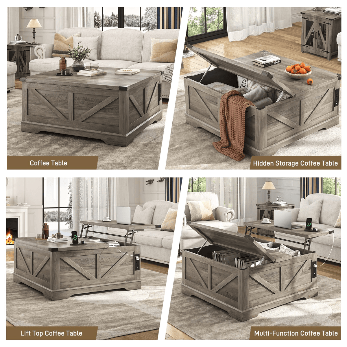 36"/40" Lift Top Coffee Table Wood with Charging Station