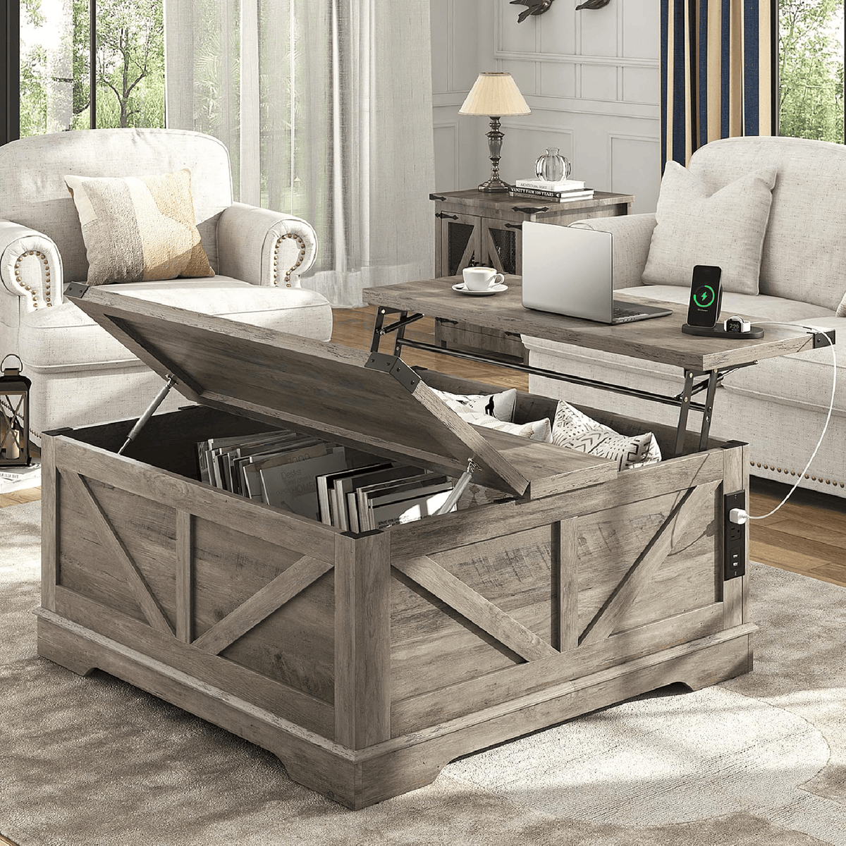 36"/40" Lift Top Coffee Table Wood with Charging Station