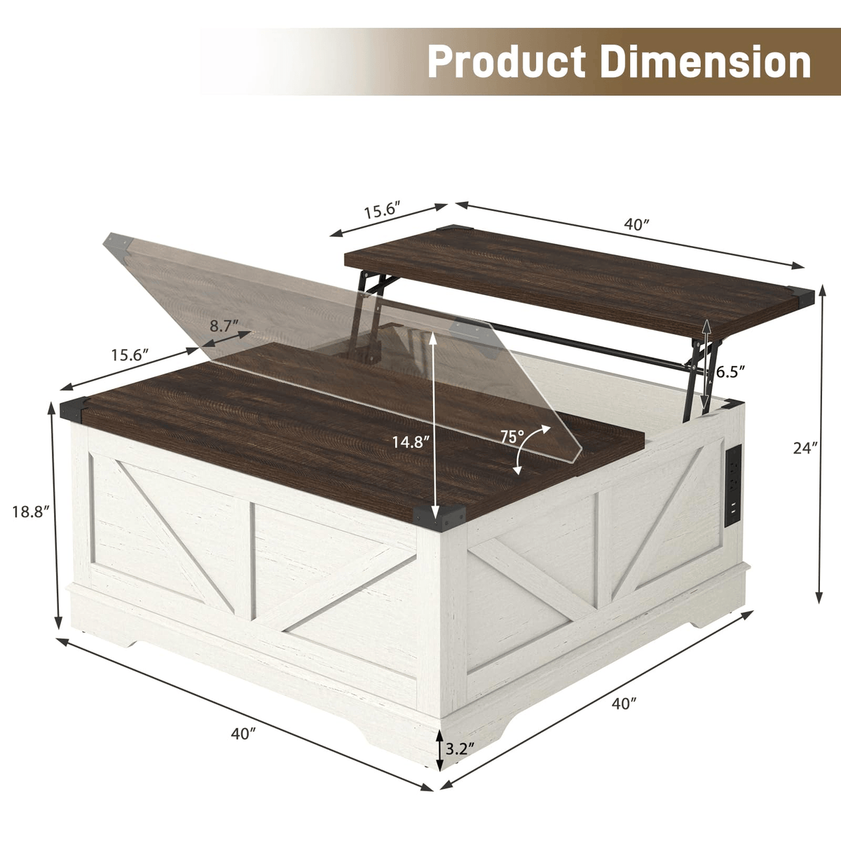 36"/40" Lift Top Coffee Table Wood with Charging Station
