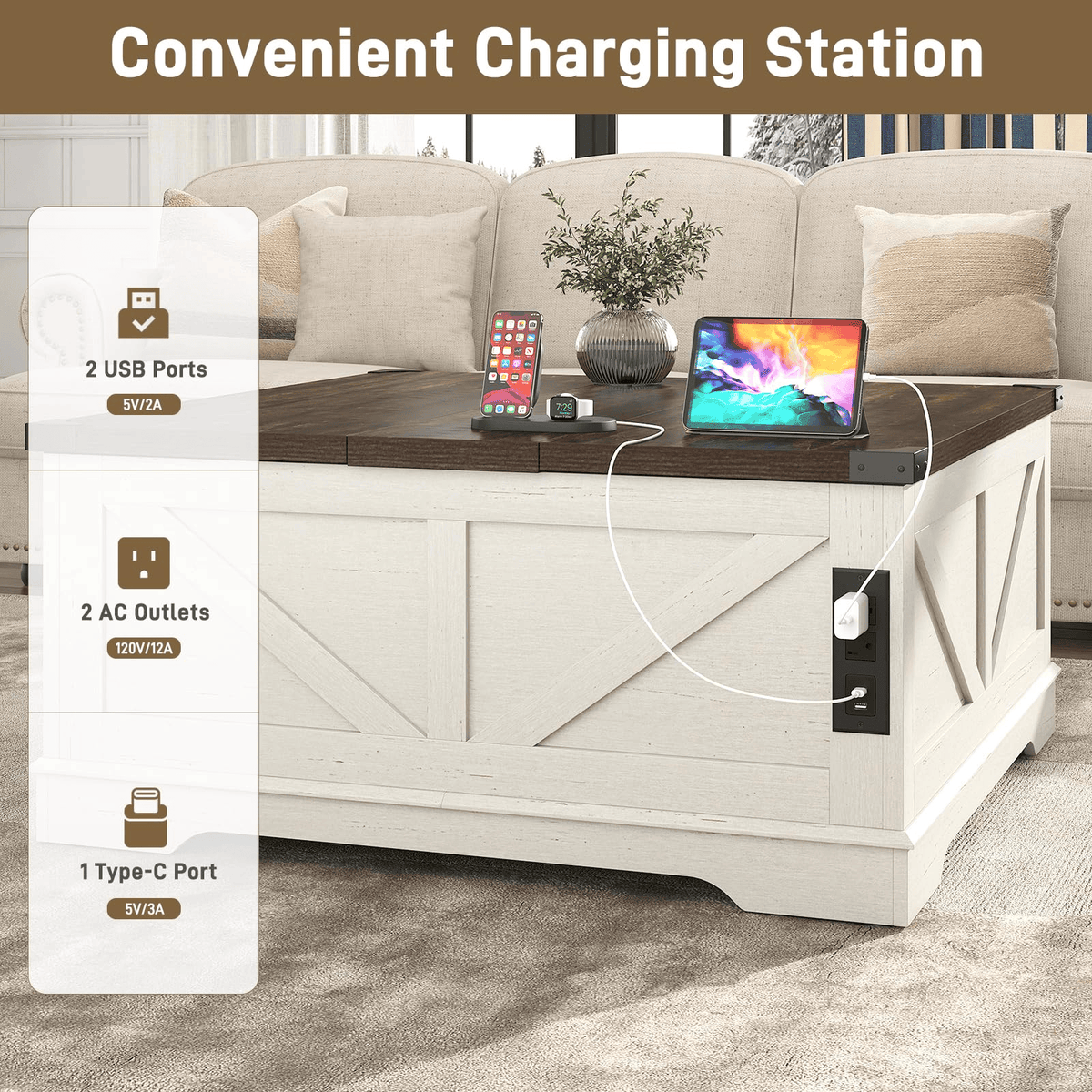 36"/40" Lift Top Coffee Table Wood with Charging Station