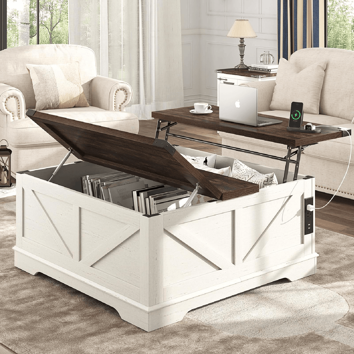 36"/40" Lift Top Coffee Table Wood with Charging Station