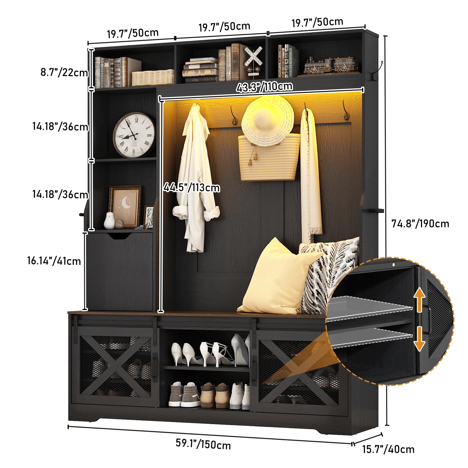 59''W Hall Tree with Bench &amp; Shoe Storage