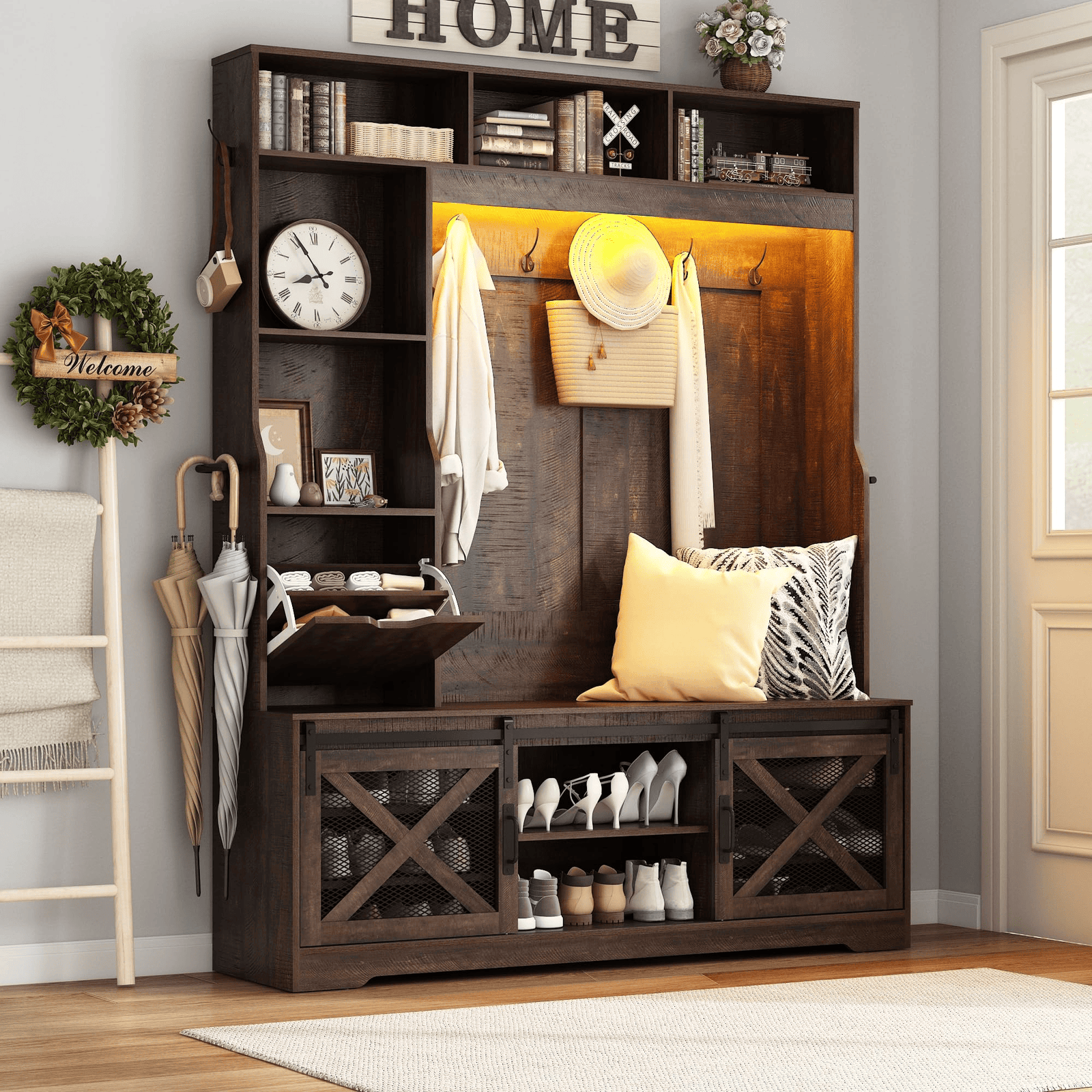 59''W Hall Tree with Bench &amp; Shoe Storage