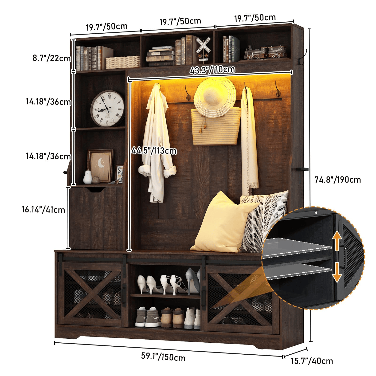 59''W Hall Tree with Bench &amp; Shoe Storage
