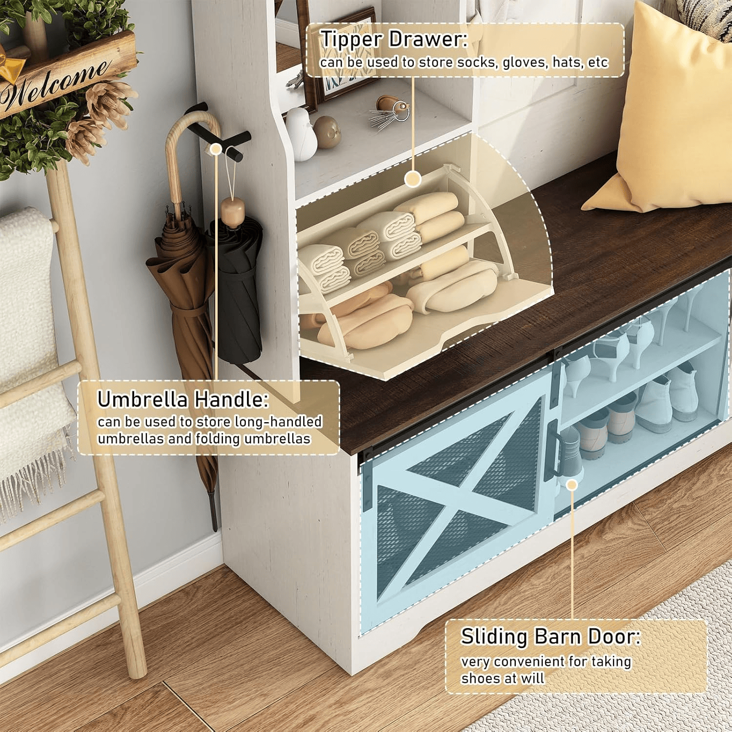 59''W Hall Tree with Bench &amp; Shoe Storage
