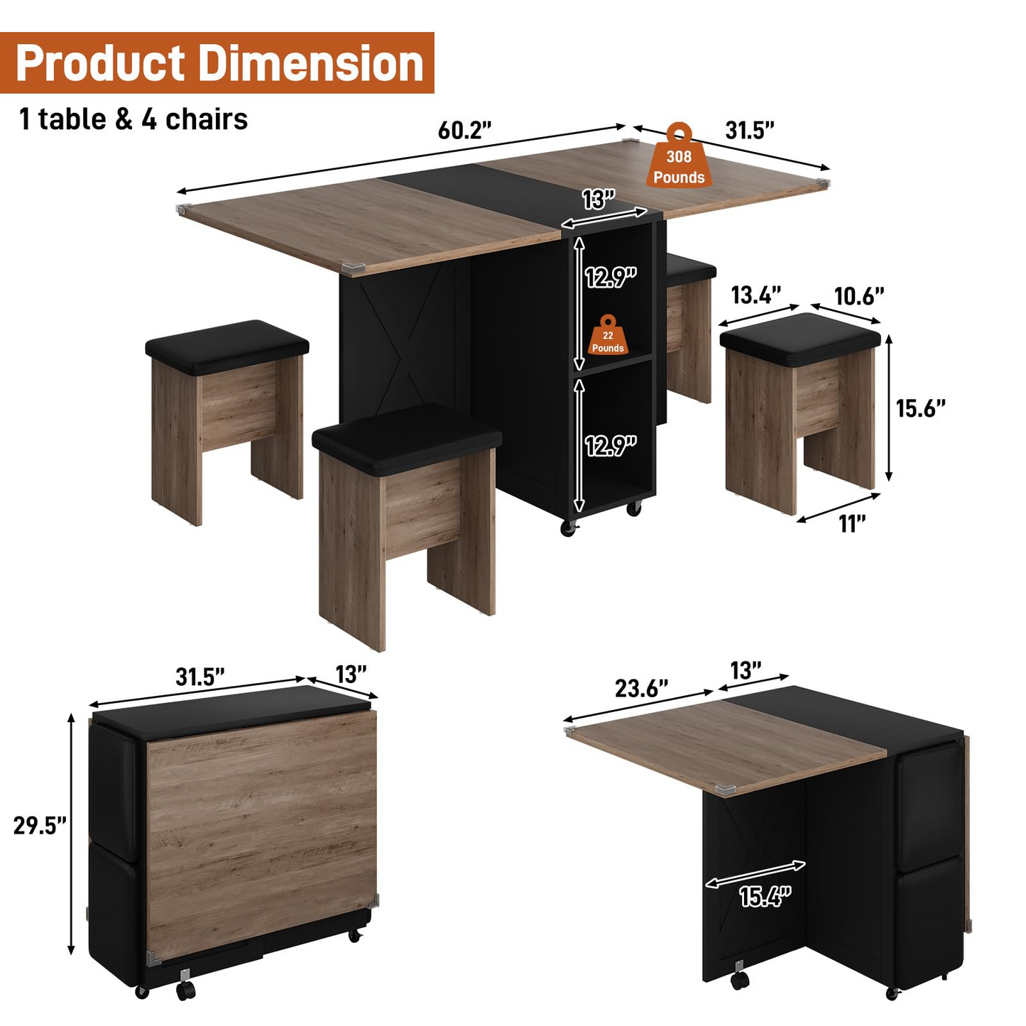 5 PCS Rectangle Folding Table Set for 4-6