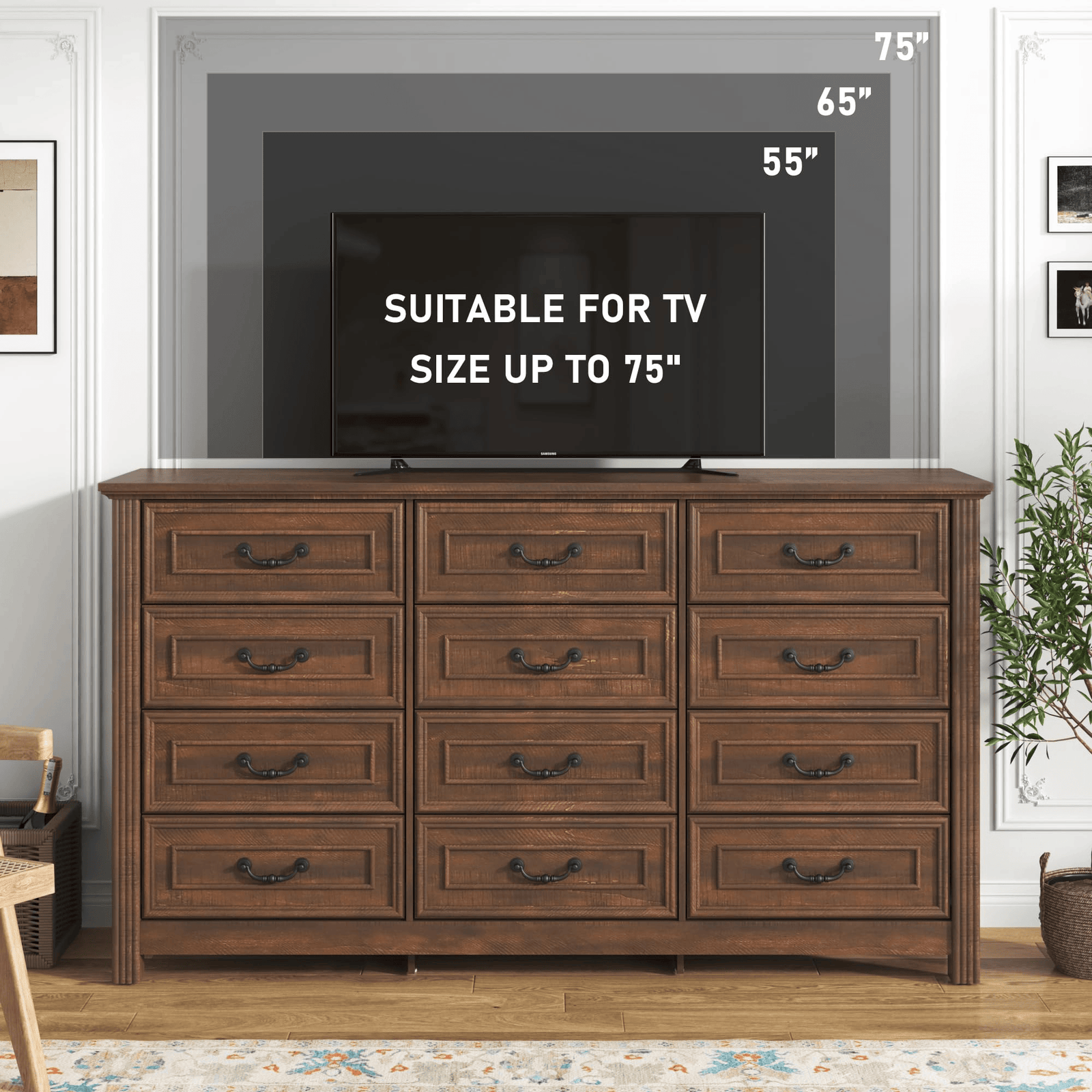 63" Wood Dresser with Large 12 Drawer Dresser