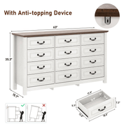 SIZE-White dresser with multiple drawers, anti-topping device illustration, and measurements on a white background.