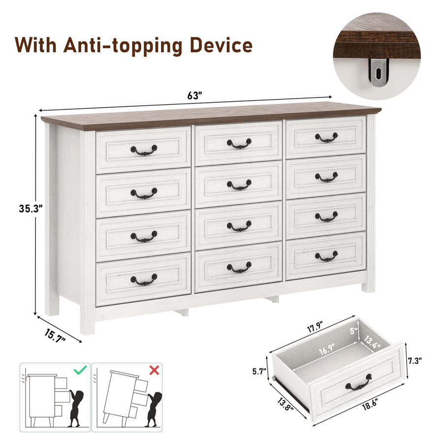 63" Wood Dresser with Large 12 Drawer Dresser