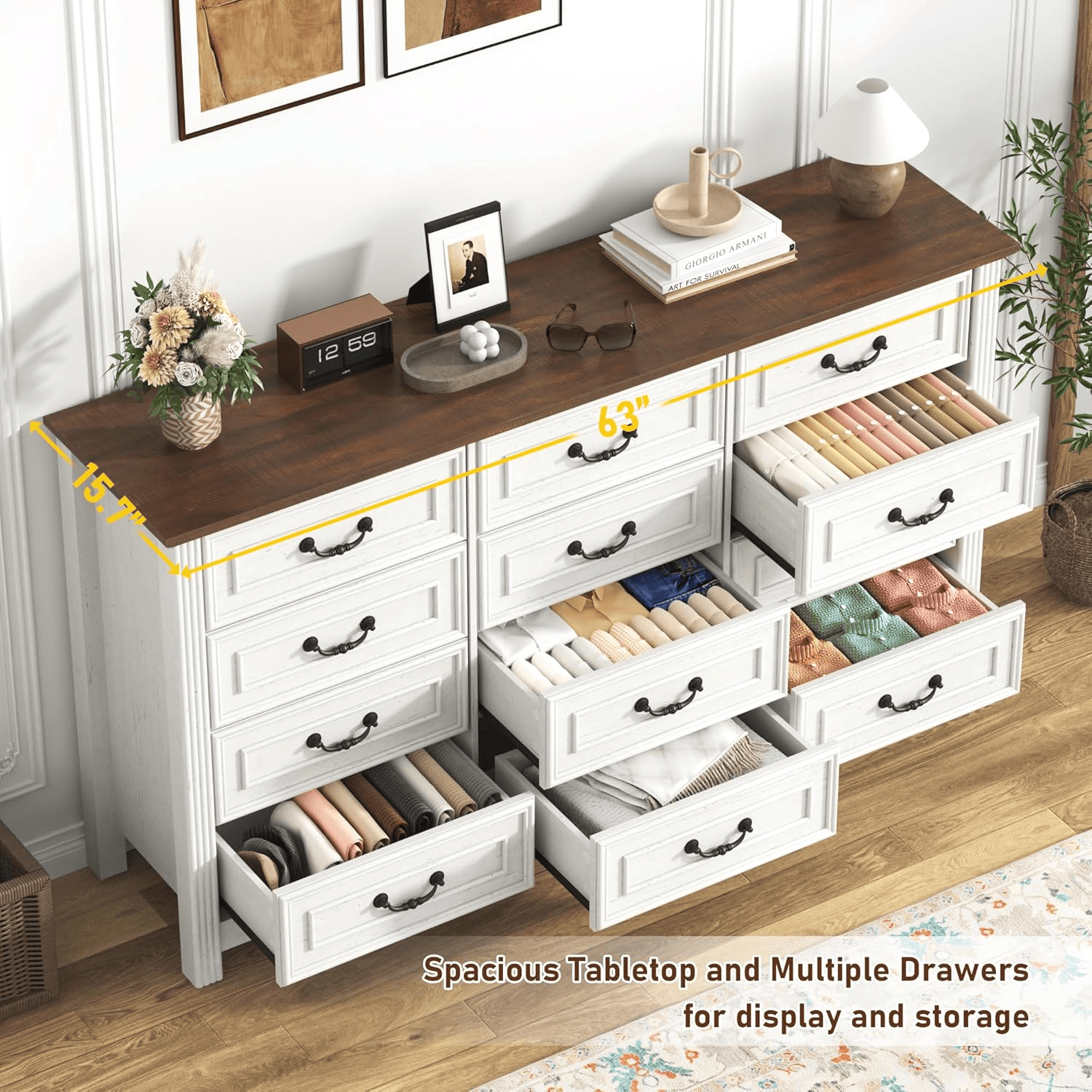 63" Wood Dresser with Large 12 Drawer Dresser