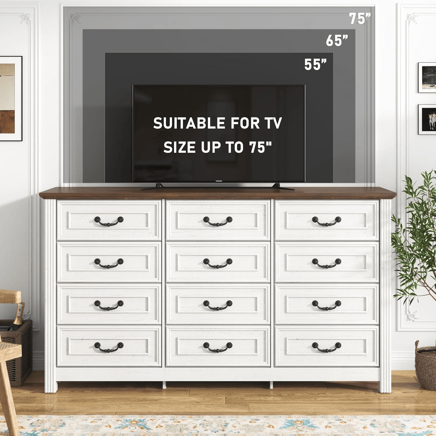 63" Wood Dresser with Large 12 Drawer Dresser