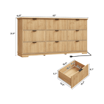 63inch Dresser with Large 9 Drawer Dresser