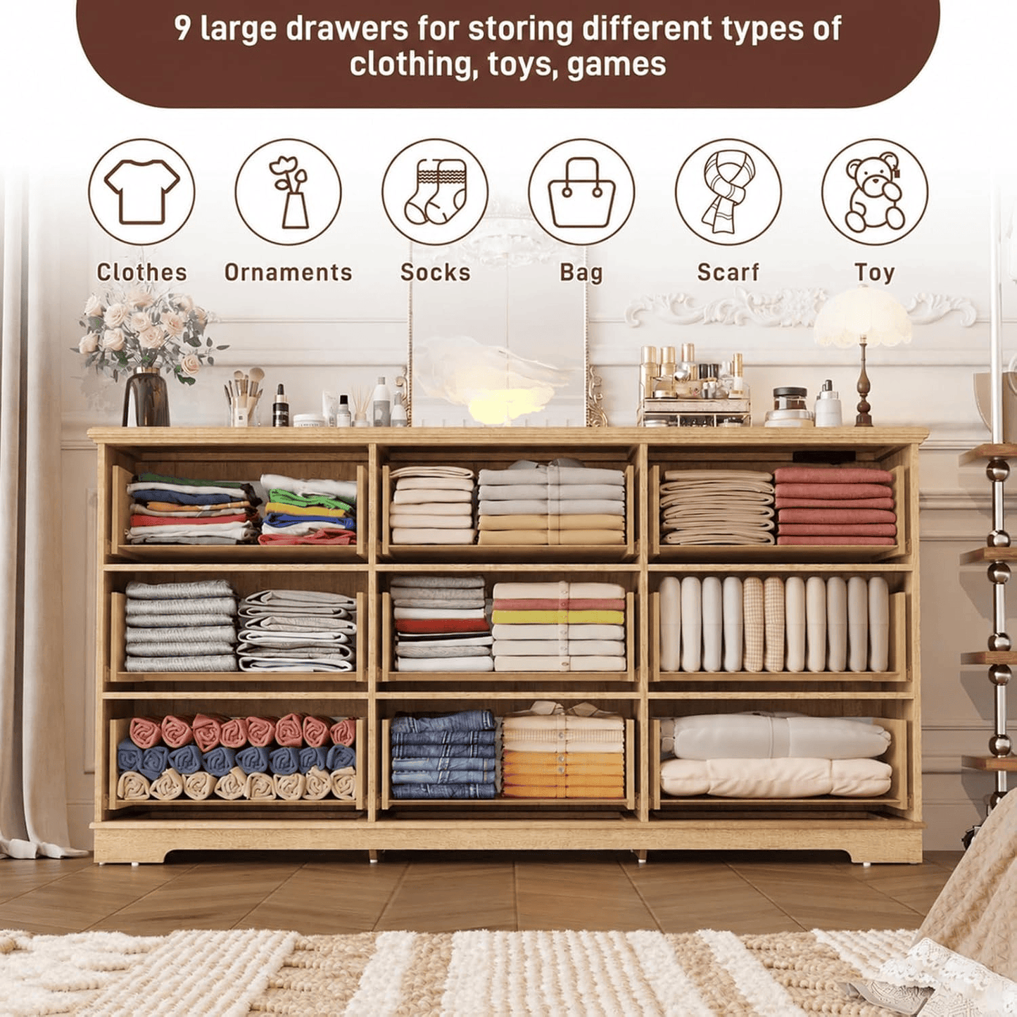 63inch Dresser with Large 9 Drawer Dresser