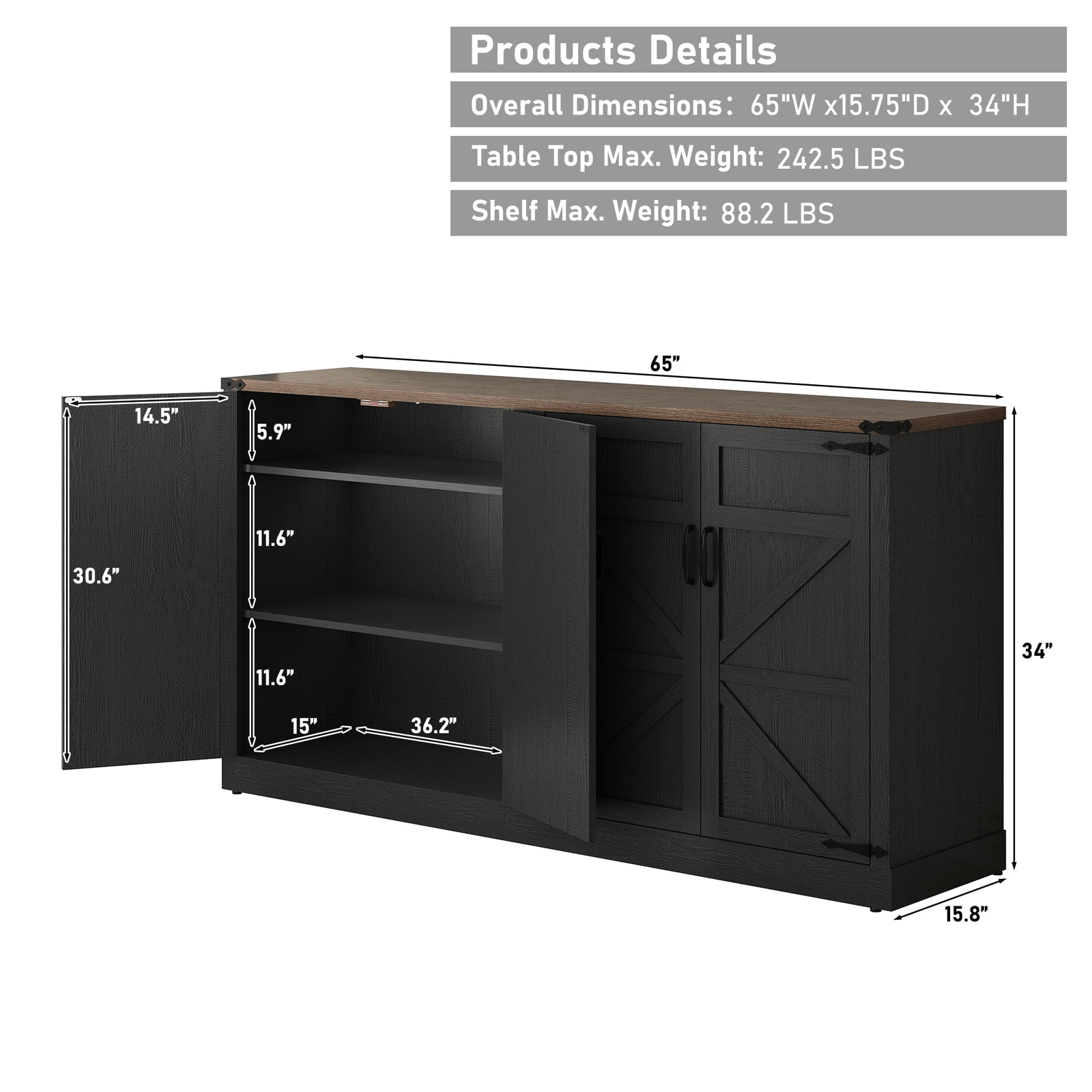 65 Inch Sideboard Buffet Cabinet with Storage