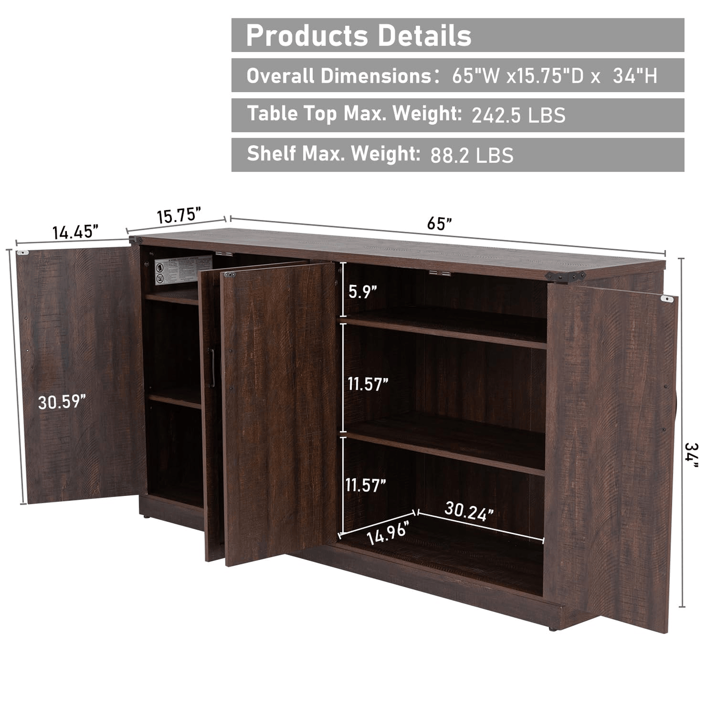 65 Inch Sideboard Buffet Cabinet with Storage